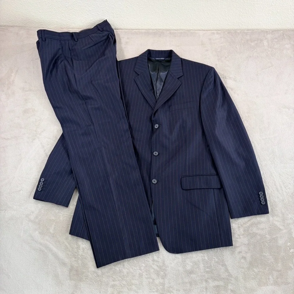 Banana Republic Modern Fit Suit Navy Striped Italian Wool Men 42R Pants 33x31.5